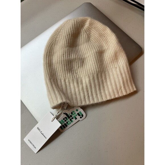 Cashmere Beanie Hat Women’s Beige Cream Lightweight Ribbed Knit Hat - Picture 1 of 8